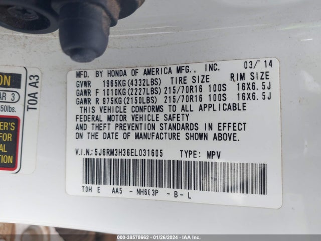 Honda CR-V LX 2014 5J6RM3H36EL031605 Image 9