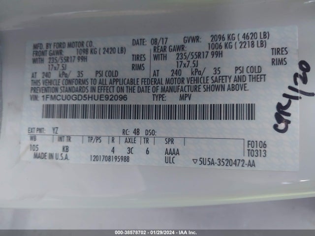 Ford ESCAPE SE 2017 1FMCU0GD5HUE92096 Image 9