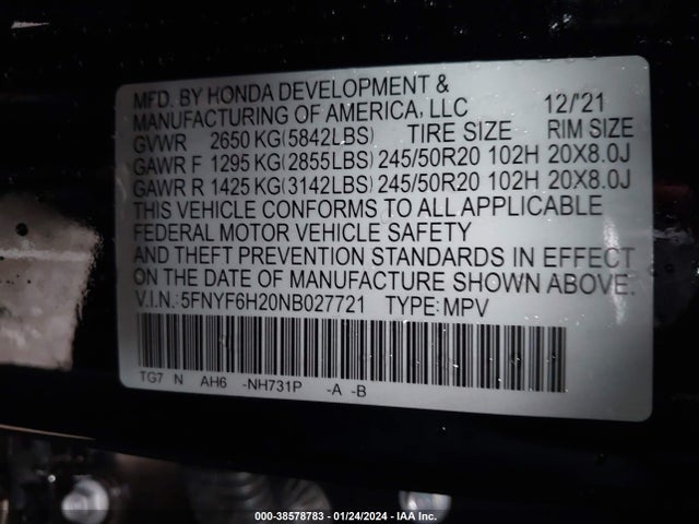 Honda Pilot Awd Special Edition 2022 5FNYF6H20NB027721 Image 9