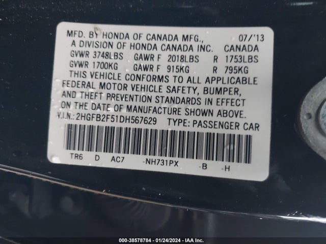 2013 HONDA CIVIC LX VIN: 2HGFB2F51DH567629