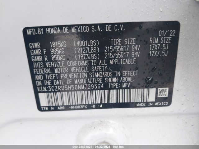 3CZRU5H50NM729364 Honda Hr-v 2wd Ex