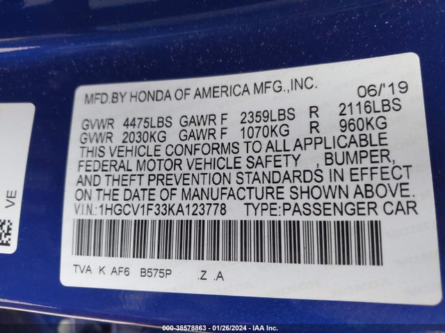 Honda Accord Sport 2019 1HGCV1F33KA123778 Image 9