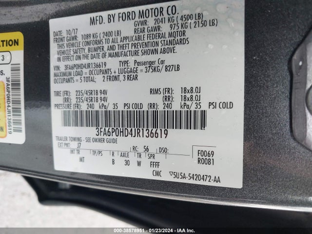 Ford FUSION SE 2018 3FA6P0HD4JR136619 Image 9
