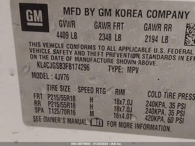 KL4CJGSB3FB174296 Buick Encore Leather