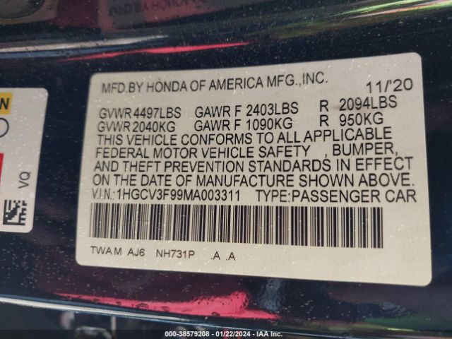 1HGCV3F99MA003311 Honda Accord Hybrid Touring
