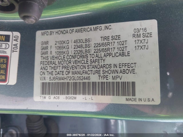 Honda Cr-v Ex-l 2016 5J6RM4H72GL052446 Image 9