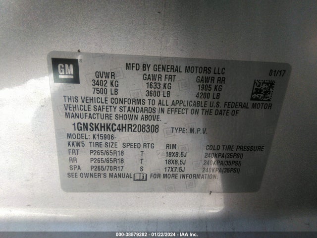 Chevrolet Suburban Lt 2017 1GNSKHKC4HR208308 Image 9