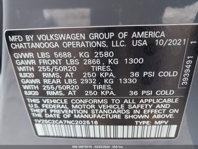 1V2SC2CA7NC202516 Volkswagen Atlas Cross Sport 2.0t Sel R-line