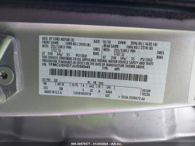 2018 FORD ESCAPE SEL VIN: 1FMCU0HD7JUD56945