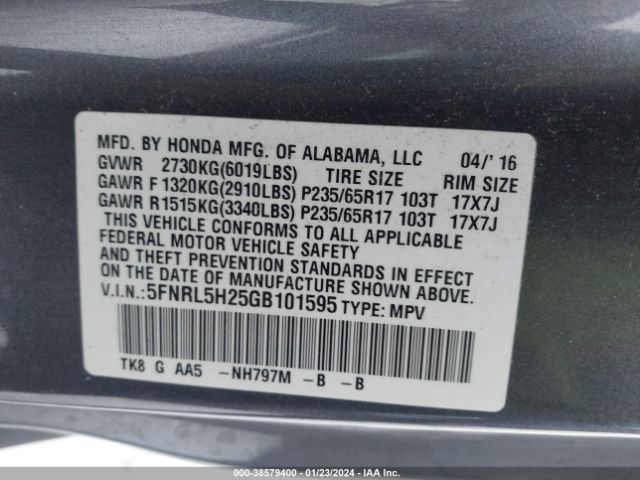 5FNRL5H25GB101595 Honda ODYSSEY LX