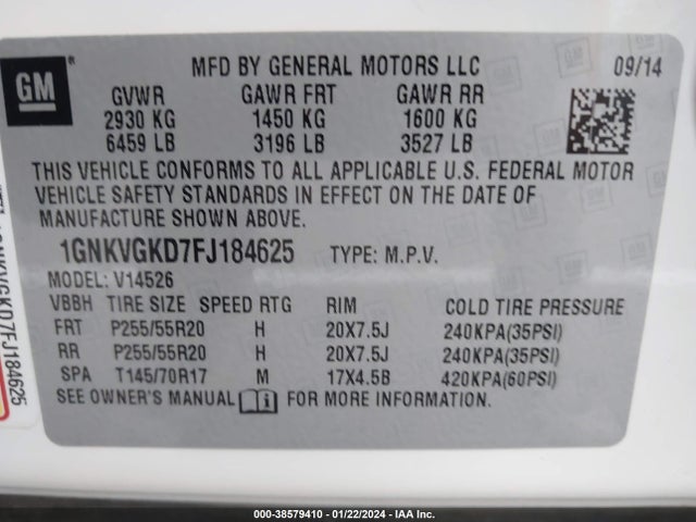 Chevrolet Traverse 1lt 2015 1GNKVGKD7FJ184625 Image 9