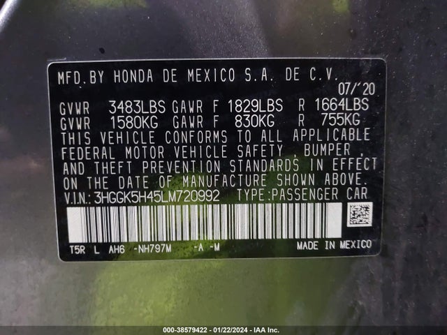 2020 HONDA FIT LX VIN: 3HGGK5H45LM720992