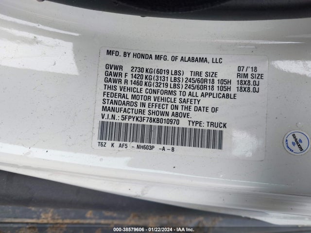 Honda Ridgeline Rtl-e 2019 5FPYK3F78KB010970 Image 9