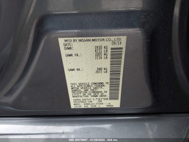 Nissan Altima 2.5 S 2015 1N4AL3AP1FC179798 Image 9