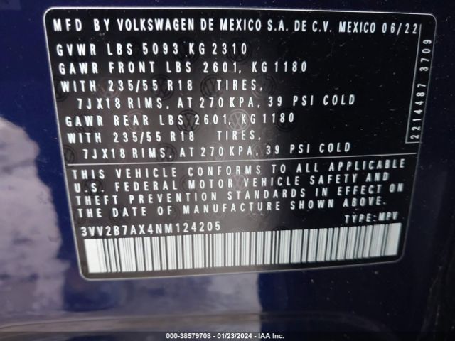 3VV2B7AX4NM124205 Volkswagen Tiguan 2.0t Se
