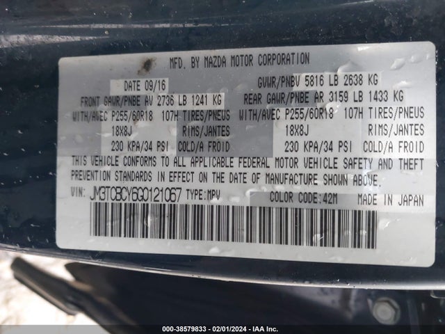Mazda Cx-9 Touring 2016 JM3TCBCY6G0121067 Image 9