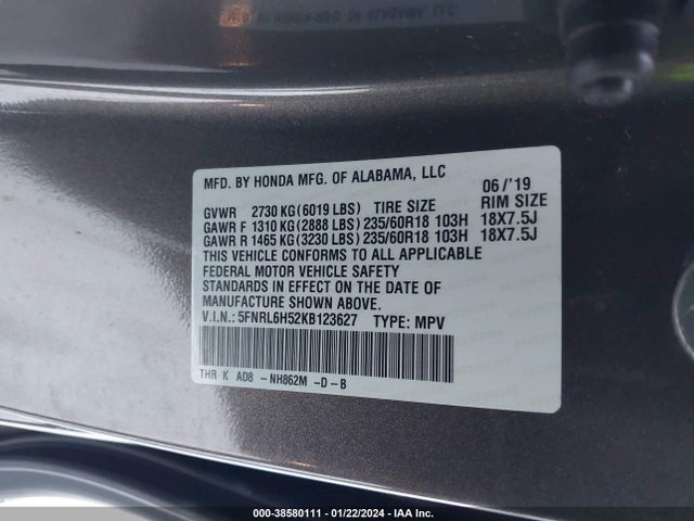 Honda ODYSSEY EX 2019 5FNRL6H52KB123627 Image 9