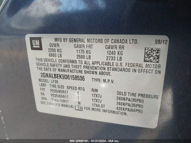 2013 CHEVROLET EQUINOX LS VIN: 2GNALBEK9D6158536