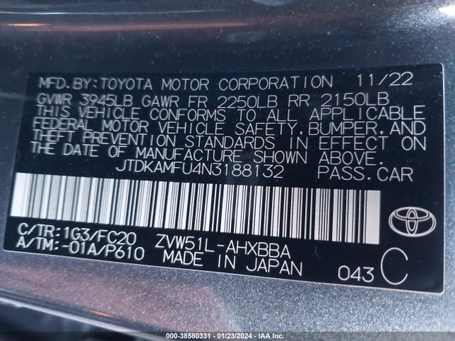 Toyota Prius L 2022 JTDKAMFU4N3188132 Image 9