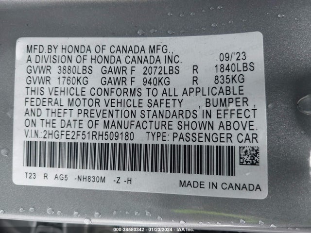 Honda Civic Sport 2024 2HGFE2F51RH509180 Image 9