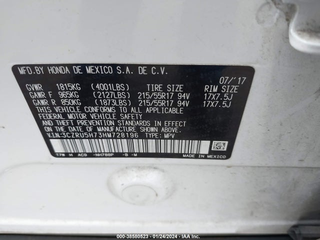 Honda Hr-v Ex-l 2017 3CZRU5H73HM728196 Image 9