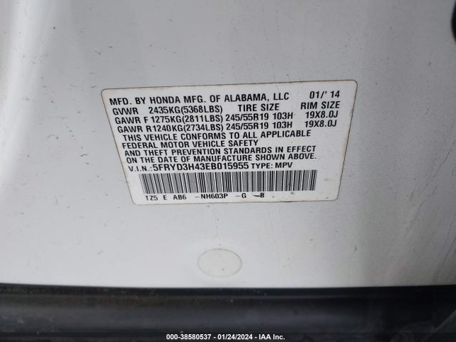 2014 ACURA MDX TECHNOLOGY PACKAGE VIN: 5FRYD3H43EB015955