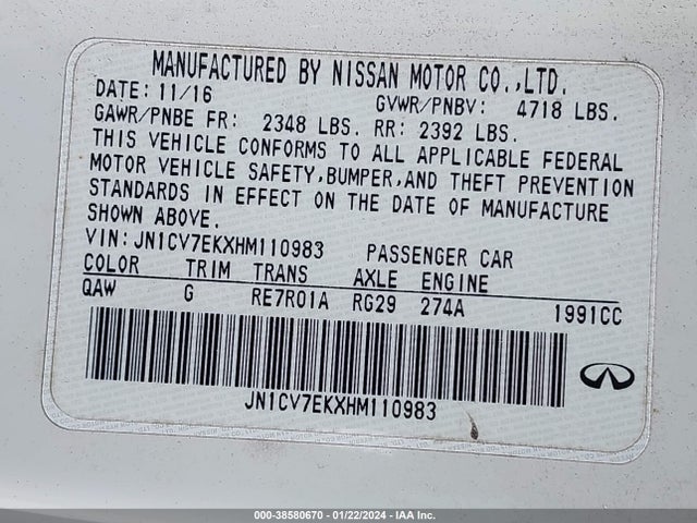 Infiniti Q60 2.0t 2017 JN1CV7EKXHM110983 Image 9