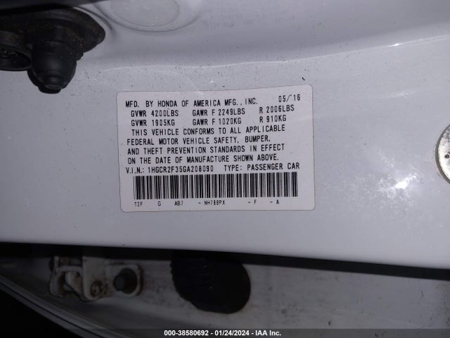 Honda ACCORD LX 2016 1HGCR2F35GA208090 Image 9