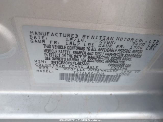 3N1CE2CP2FL407335 Nissan Versa Note S (sr)/s Plus/sl/sr/sv