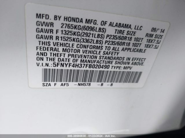 5FNYF4H37FB020490 Honda PILOT SE