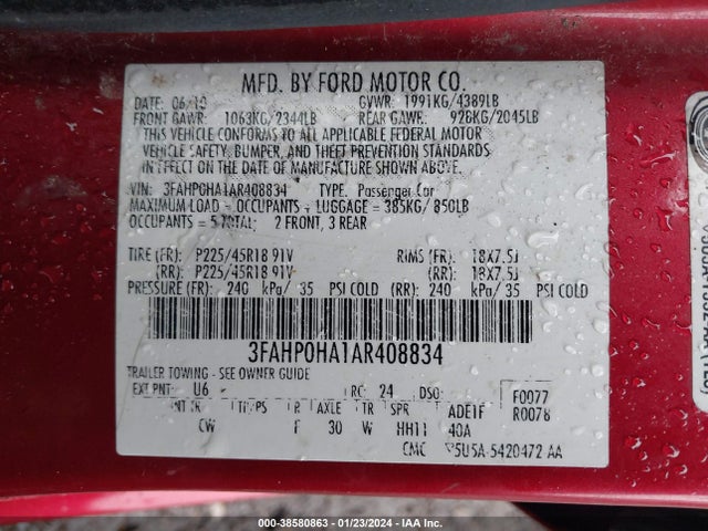 2010 FORD FUSION SE VIN: 3FAHP0HA1AR408834