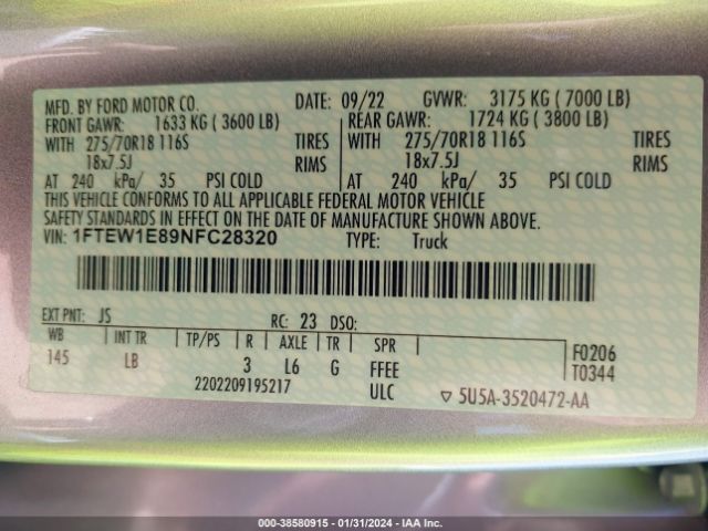 1FTEW1E89NFC28320 Ford F-150 Tremor