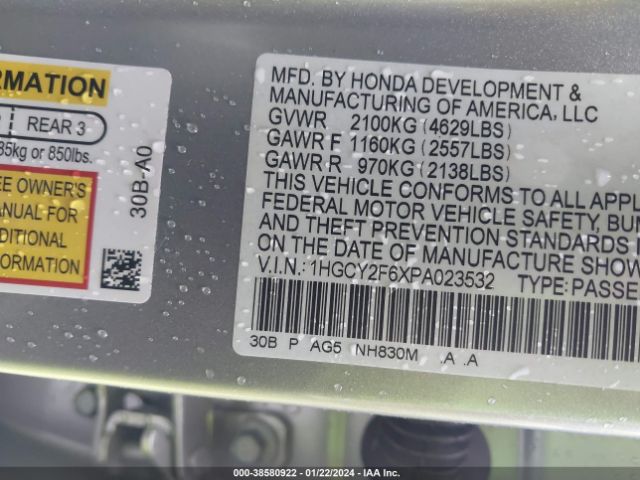 1HGCY2F6XPA023532 Honda Accord Hybrid Ex-l