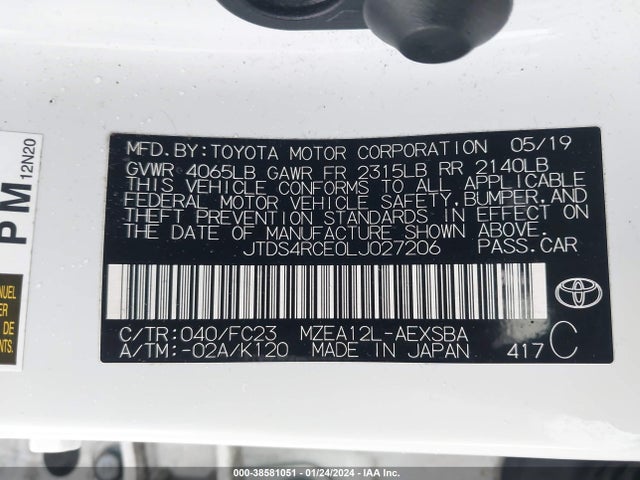 2020 TOYOTA COROLLA SE VIN: JTDS4RCE0LJ027206