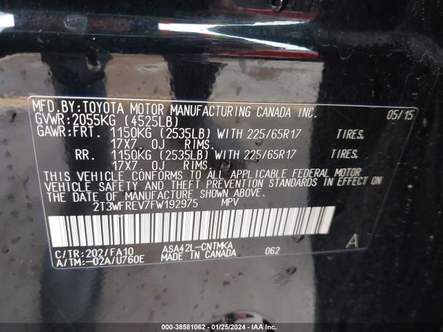 2015 TOYOTA RAV4 XLE VIN: 2T3WFREV7FW192975