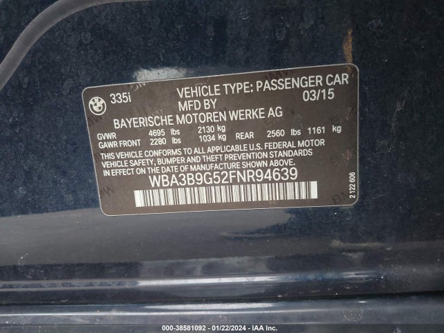 BMW 335i Xdrive 2015 WBA3B9G52FNR94639 Image 9