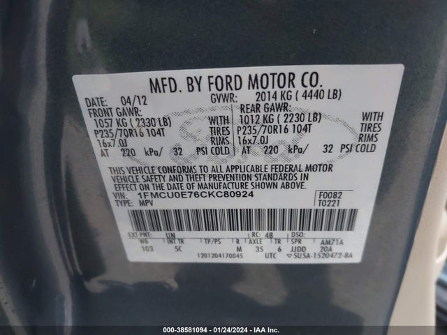 2012 FORD ESCAPE LIMITED VIN: 1FMCU0E76CKC80924