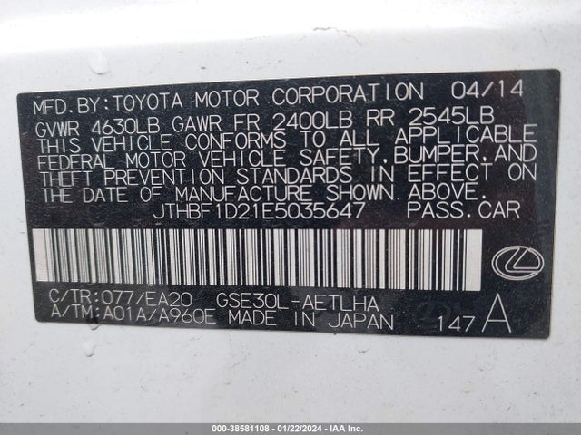 Lexus IS 250 2014 JTHBF1D21E5035647 Image 9