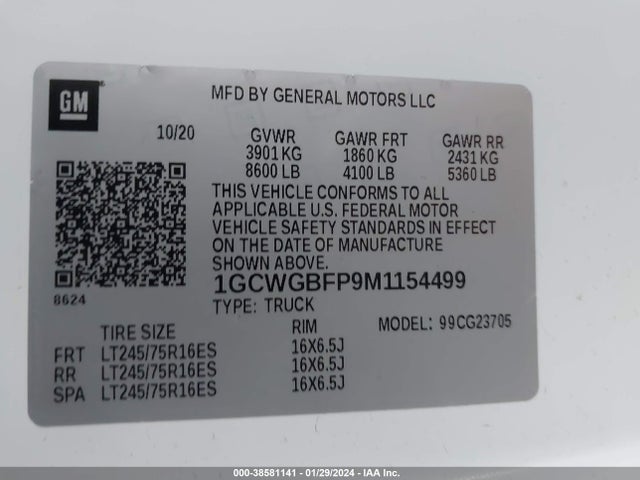 Chevrolet Express G2500 2021 1GCWGBFP9M1154499 Image 9