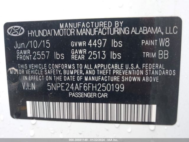 Hyundai SONATA SE 2015 5NPE24AF6FH250199 Image 9