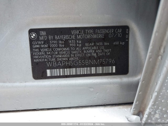 2011 BMW 328I VIN: WBAPH5G55BNM75796