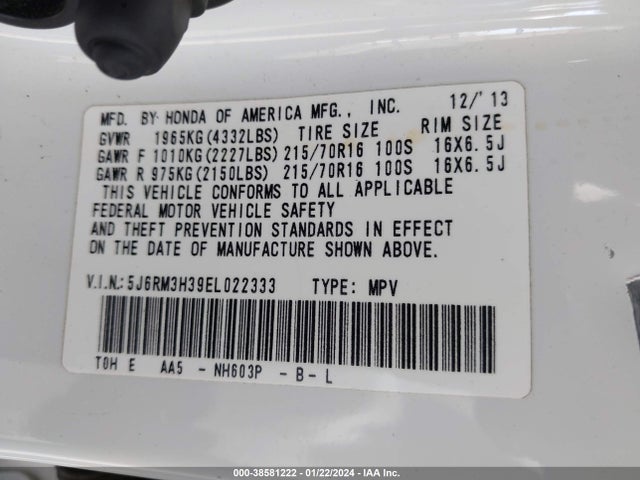 Honda CR-V LX 2014 5J6RM3H39EL022333 Image 9