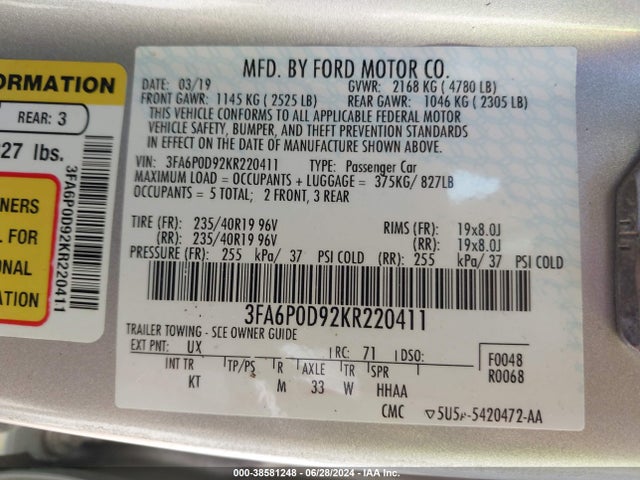 Ford Fusion Titanium 2019 3FA6P0D92KR220411 Image 9
