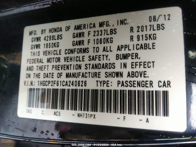 2012 HONDA ACCORD 2.4 SE VIN: 1HGCP2F61CA240626