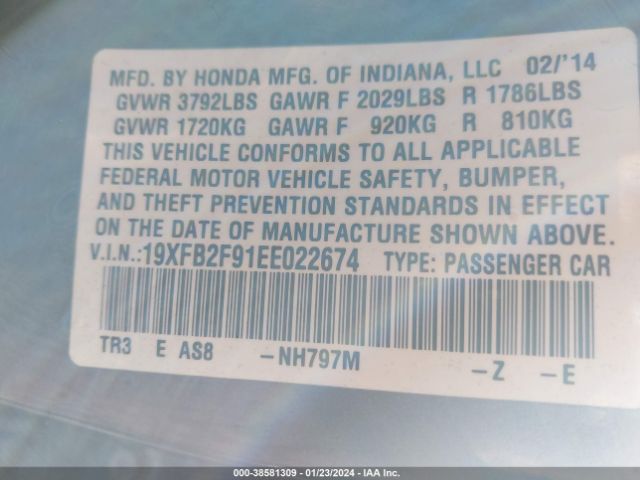 19XFB2F91EE022674 Honda Civic Ex-l