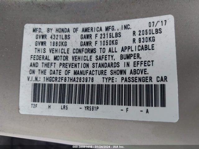 Honda Accord Ex-l 2017 1HGCR2F87HA263976 Image 9