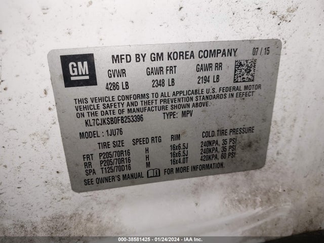 Chevrolet Trax 1ls 2015 KL7CJKSB0FB253396 Image 9