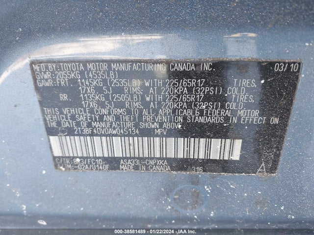2010 TOYOTA RAV4 VIN: 2T3BF4DV0AW045134