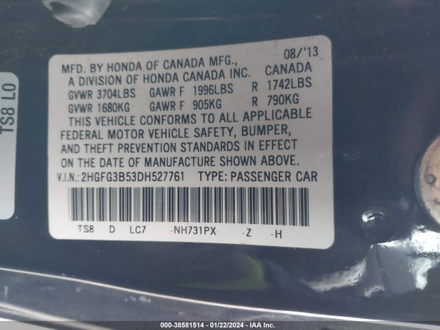 2013 HONDA CIVIC LX VIN: 2HGFG3B53DH527761