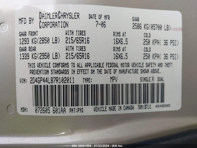 2007 DODGE GRAND CARAVAN SXT VIN: 2D4GP44L87R102011